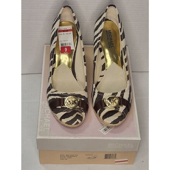 Michael Kors Brown Tan Tiger Print Espadrille Peep Toe Wedges Size 9M New In Box - Picture 3 of 12